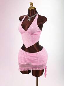 Amplova 女式性感亮片露背吊带上衣和迷你裙两件套