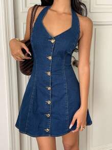 SHEIN EZwear 女式前扣露背挂脖牛仔连衣裙 - 藍色 - 查看 3