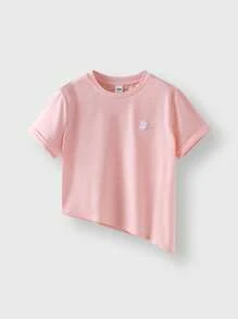 JNSQ 返校休闲户外运动T恤，儿童圆领不对称下摆开叉刺绣T恤 - 粉色 - 查看 4