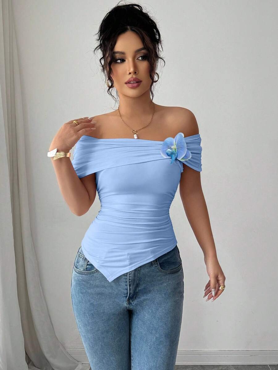 Elenzga Women's Floral 3D Decor Ruched Off Shoulder Asymmetric Hem Fitted T-Shirt - Blue - View 1