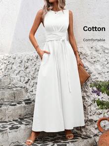 SHEIN Clasi Overlapping Pleated Cinched Waist Solid Color Sleeveless Dress For Women