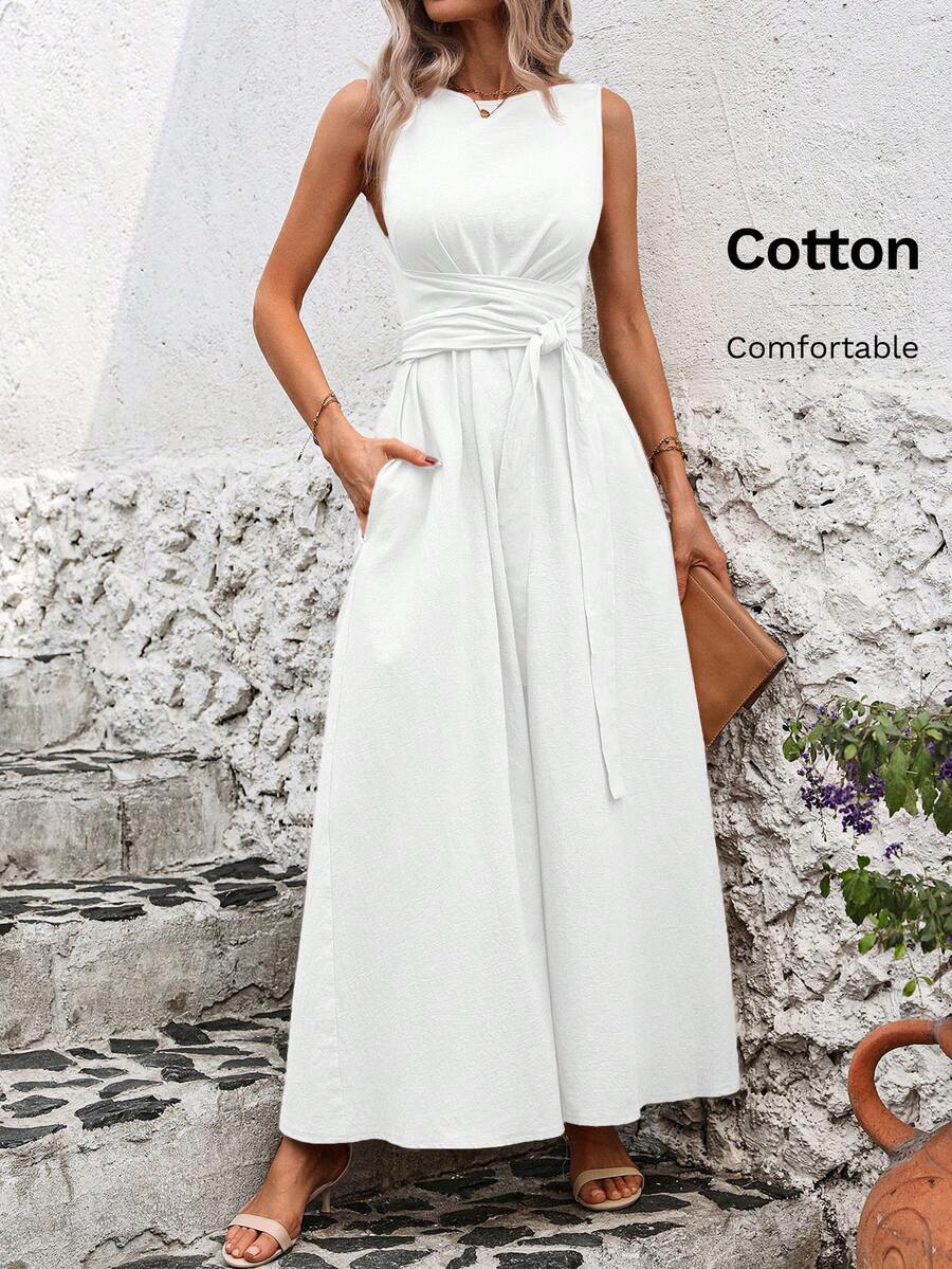 SHEIN Clasi Overlapping Pleated Cinched Waist Solid Color Sleeveless Dress For Women