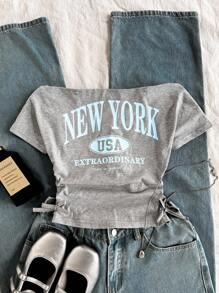 SHEIN 青少年女孩休闲街头风格露肩短袖侧褶纽约口号印花修身针织 T 恤，麻灰色 - 灰色 - 查看 6