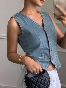 DAZY Blusa vaquera casual de cuello en V para mujer, otoño