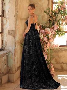 Glamrae Elegant Sequins Lace Spaghetti Strap Y-Neck Ruched Sexy Slit Maxi Dress, Suitable For Wedding, Bridal Gown In White - Black - View 2