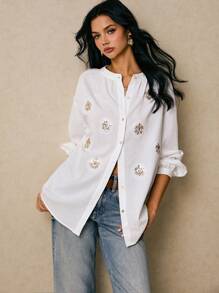 Poéselle Blouse en coton brodée d'œil du mal de style boho - Chemise à manches ballons à boutons blancs, Top boho brodé, Blouse blanche pour femmes, Chemise à manches ballons, Broderie motif œil, Blouse cottagecore, Festival femmes, Chemise mode à manches longues à paillettes motif œil pour femmes, Costumes d'Halloween, Automne femmes - Blanc - Voir 7