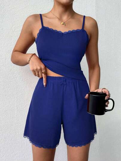 RueChic Women's Summer Solid Color Lace Camisole Top And Shorts Casual Sleepwear Set