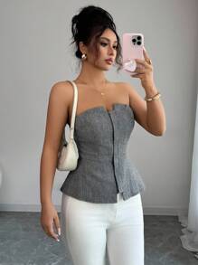 Chiquease Casual Sexy Open Front Zip Up Herringbone Texture Women Crop Top - Black and White - View 7