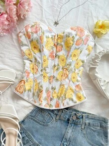 Soleia 女士复古宫廷风格彩色花卉提花印花抹胸短款上衣，配有纽扣和后系带 - 彩色 - 查看 6