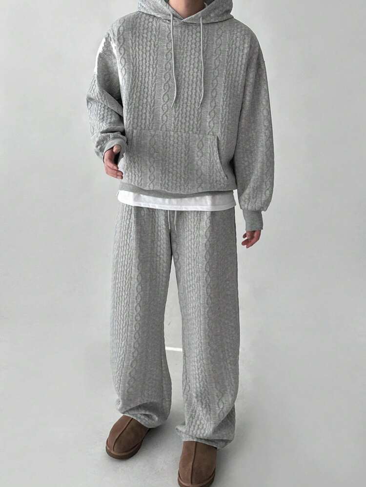 Men's Solid Color Textured Fabric Grey Hoodie Set, Autumn