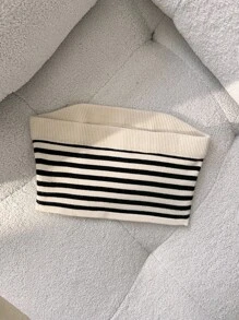 Skyraze 女士时尚条纹抹胸短款针织上衣 - 杏色 - 查看 2