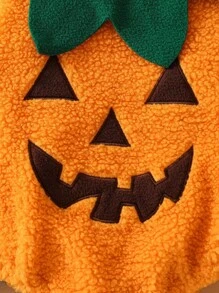 SHEIN 3 件套新生儿南瓜图案毛绒无袖连体衣，带帽子和围兜，可爱万圣节服装