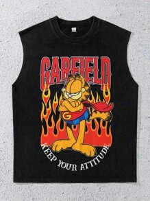 GARFIELD | SHEIN Áo ba lỗ cổ tròn in chữ và hoạt hình cho nam mùa hè - màu đen - Xem 1