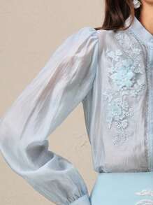 Anewsta Áo sơ mi dài tay một hàng khuy thêu hoa thanh lịch dành cho nữ - Màu xanh lam - Xem 3