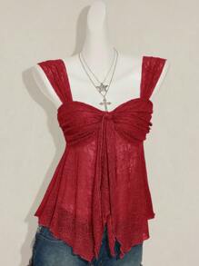 Sweetina 2025 Nuevo verano dulce vacaciones fiesta de regreso a la escuela temporada mujer unicolor transparente dobladillo camiseta - Burdeos - Ver 4