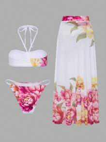 Swim SXY 3 件套女士性感时尚吊带系带比基尼上衣，可调节侧系带三角泳裤和花朵印花松紧腰长裙