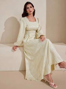 Graceveil Vestido amarillo claro con cuello cuadrado, tela de jacquard texturizada, cintura ceñida y falda acampanada para mujeres, ropa de otoño para mujeres - Butter Yellow - Ver 7