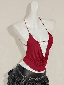 SHEIN ICON Women's Red Beaded Spaghetti Strap Backless Sexy Camisole - Burgundy - View 7