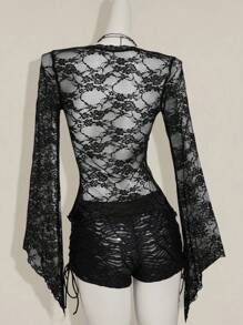 SHEIN ICON Women's Stylish Black V Neck Lace Blouse With Flowy Flare Sleeves,Sexy Top