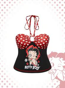 Betty Boop | ROMWE 夏季加大码性感可爱卡通图案撞色波尔卡圆点吊带上衣 - 黑色 - 查看 1
