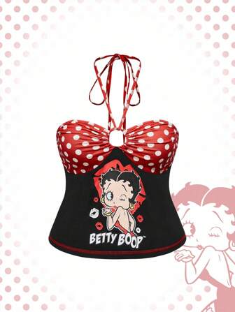 Betty Boop | ROMWE Top halter de lunares en contraste con gráfico de dibujos animados sexy y lindo para tallas grandes en verano