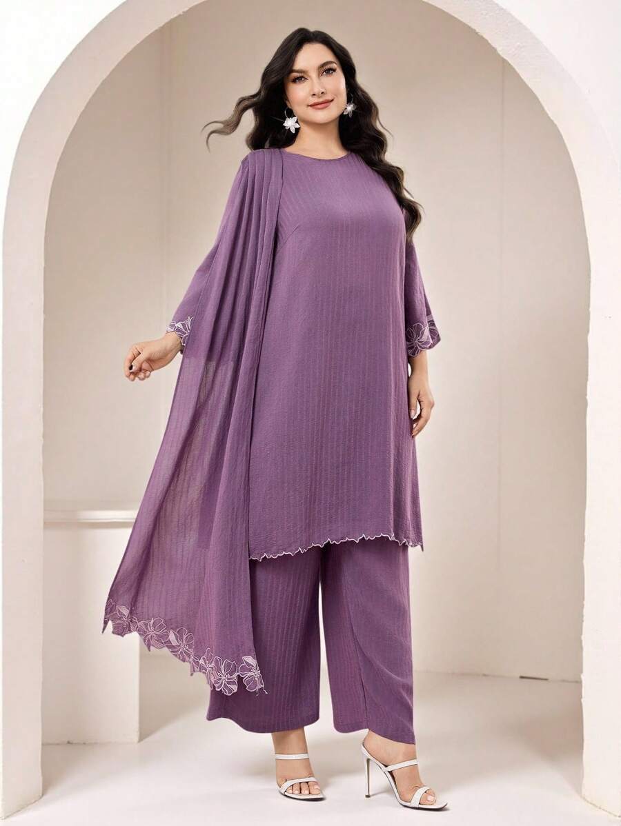 Modelyn Plus Size Women Solid Color Asymmetric Hem Long Sleeve Top And Pants Arabic Style 2 Pieces Set