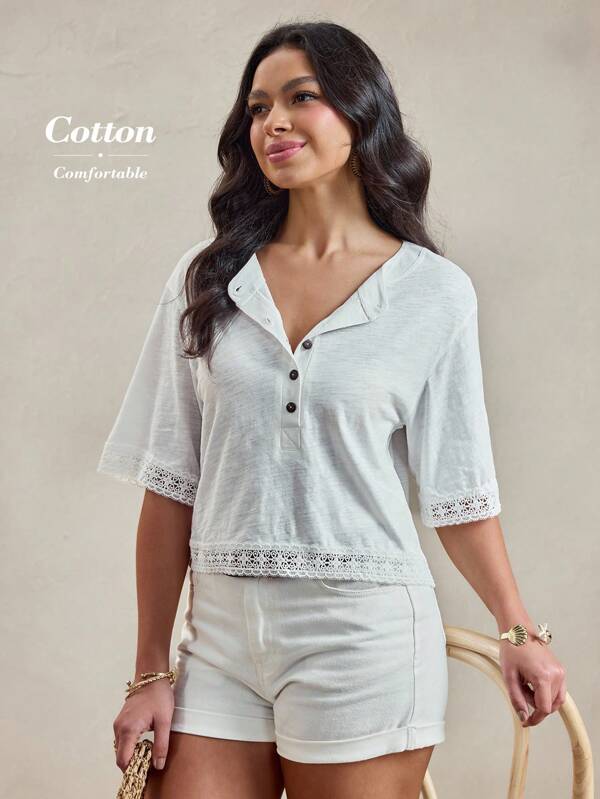 Wildy Summer American Country Style Casual White Lace Panel T-Shirt Going Out Outfits  Cotton Tops Women