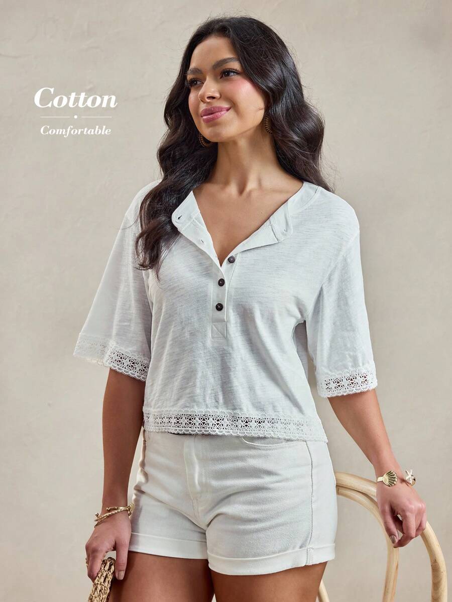 Wildy 夏季美式乡村风格休闲白色蕾丝拼接T恤外出装纯棉上衣女 - 白色 - 查看 1