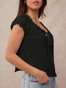 WESTFADE 竹节针织褶饰甜心领短款泡泡袖蝴蝶结前摆上衣女式休闲可爱夏季度假上衣 - 黑色 - 查看 5