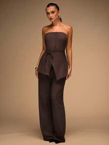 SHEIN BAE Bộ đồ thời trang áo hai dây màu trơn viền bất đối xứng dành cho nữ và quần dài màu nâu Bộ đồ liền thân không dây dành cho nữ Bộ đồ liền thân màu nâu Bộ đồ mùa hè Bộ đồ hai mảnh quần dài cho mùa thu/đông - màu nâu - Xem 6