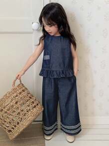 Dazy Kids 女童无袖上衣和牛仔裤套装 - 藍色 - 查看 6