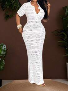Slaydiva 复活节波西米亚风休闲轻盈纯色翻领前扣短袖修身镂空针织长裙，优雅浪漫，适合春夏季、海滩、日常穿着，加大码 - 白色 - 查看 10