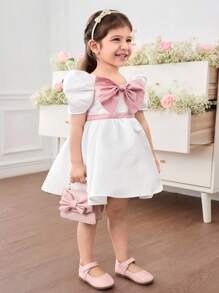 Elegant & Cute Babygirl Satin Bow Decor White Short Sleeve Dress Baby Girl Bow Dress Baby Girl White Dress Baby Girl Dress With Sash Baby Girl Puff Sleeve Dress Baby Girl Elegant Dress
