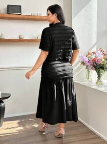 Modelyn Damen Strickoberteil & Rock Set in Große Größen mit Knopfabschluss und Patchwork, elegantes 2-teiliges Set