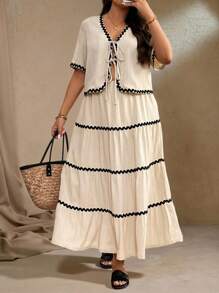 Roveilla Plus Size Women's Boho 2pcs Set: Color Block Trim V-Neck Short Sleeve Tie Front Blouse And Ruffle Hem Mini Skirt, For Summer