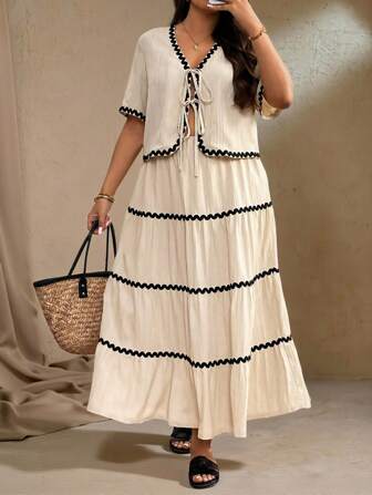 Roveilla 大码女式波西米亚风 2 件套：拼色饰边 V 领短袖系带上衣和荷叶边下摆迷你裙，适合夏季