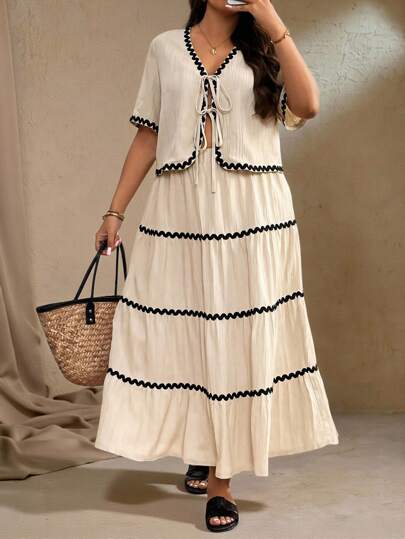 Roveilla Plus Size Women's Boho 2st Set: Color Block Trim V-hals Kortärmad Knyt Blus och volang fåll Mini kjol, för sommaren