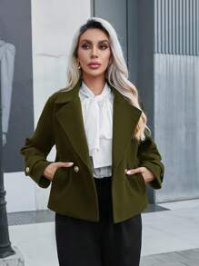 Revavyn Casual Solid Color Double-Breasted Cropped Jacket, Autumn/Winter  Fall Cloth For Women - Army Green - View 4