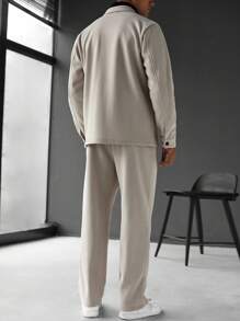 Manfinity Homme Men's Solid Color Long Sleeve Single-Breasted Jacket And Pants Casual Suit Set, Fall Clothes - Apricot - View 2