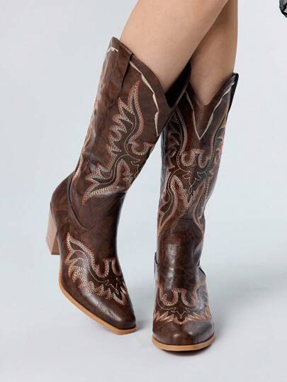 Fairycore Women's Brown Cowgirl Boots, Colorblock Details, Embroidery, Western Style, Outdoor Casual Mid-Calf Riding Boots