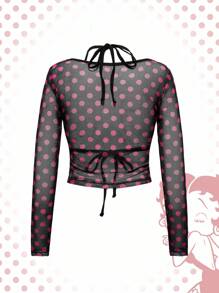 Betty Boop | ROMWE 2件套女士波尔卡圆点和水钻图案长袖上衣和短裤套装 - 黑色 - 查看 5