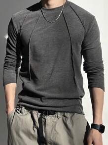 DAZY 男士纯灰色修身纹理面料 T 恤，秋季长袖男士衬衫男士休闲装 - 灰色 - 查看 6