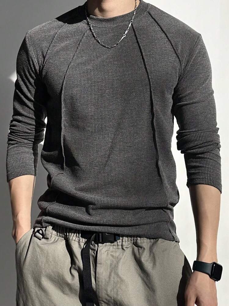 Men's Solid Gray Fitted Textured Fabric T-Shirt, Autumn Long Sleeve Men Shirt Men Casual Wear, Fall