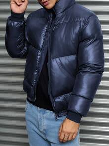 EURMUSE 男士基本款休闲风格特殊缝线设计修身棉服外套 - 藏蓝色 - 查看 3