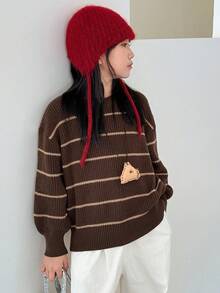 DAZY Tween Girls Crew Neck Striped Long Sleeve Sweater, Fall - Coffee Brown - View 4