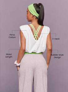 GLOWMODE 比马棉 柔软有弹性 轻盈 腰长 泡泡袖 深 V 型背心 无袖 肌肉短款上衣 日常休闲装 - 白色 - 查看 3