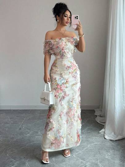 Elenzga Vestido ceñido de malla con volantes, hombros descubiertos y cintura ceñida con estampado floral, elegante y romántico para mujeres