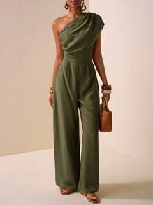 Zivah 2025 春夏新品 音乐节、复活节、圣帕特里克节、西部风、游牧风、生日派对、毕业典礼、校园风、学生装、日常休闲、度假、邮轮旅行、海滩、日光浴、街头风、优雅不对称纹理面料棕色连体裤 - 軍綠色 - 查看 1