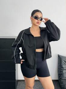 POPSWAY 加大码宽松撞色条纹休闲夹克 - 黑色 - 查看 5