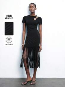 Maija Váy mùa hè màu đen dành cho nữ, cổ tròn có họa tiết hoa vàng ở vai, dáng ôm vừa vặn, tay ngắn, viền tua rua bồng bềnh, thời trang thanh lịch gợi cảm cho ngày lễ, kỳ nghỉ, lễ hội âm nhạc và phong cách cổ điển - màu đen - Xem 1